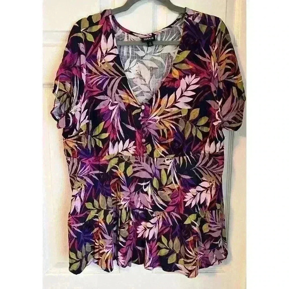 Torrid Multi Leaves Floral Rayon Tiered Blouse Size 2 (18/20) Colorful Tropical - Picture 1 of 7